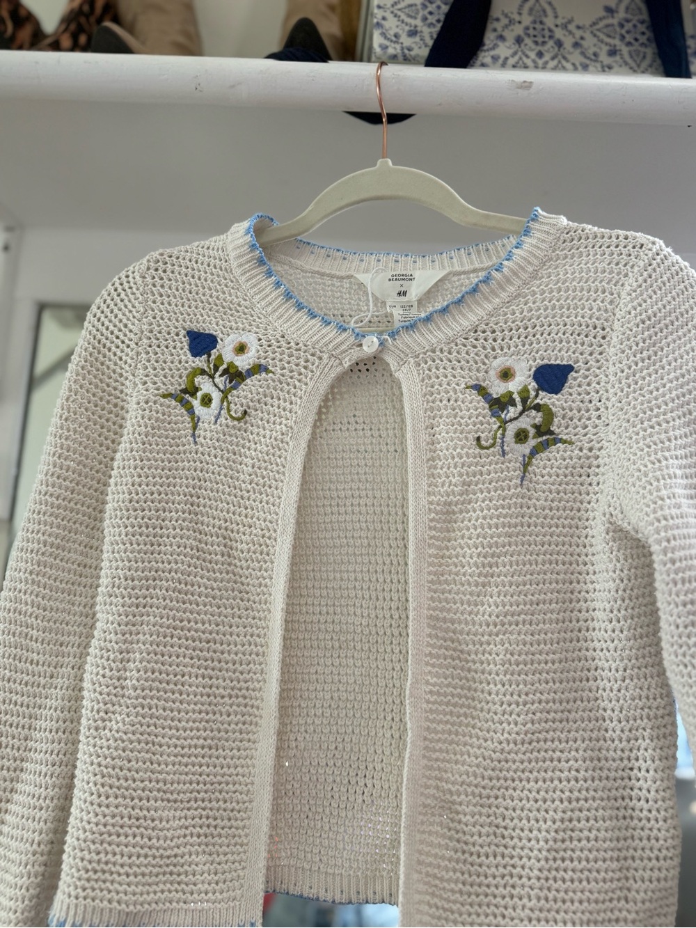 H&M Cream Crochet Cardigan with Blue Edge and Floral Embroidery